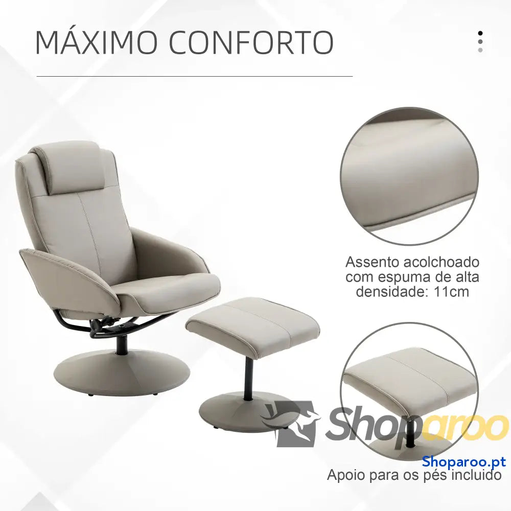 Poltrona Relax Reclinável até 145° com Banco de Apoio para os Pés Giratória 360° Estofada em PU e Estrutura Aço