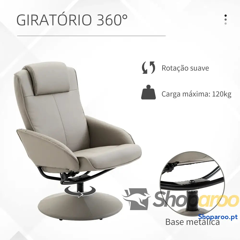 Poltrona Relax Reclinável até 145° com Banco de Apoio para os Pés Giratória 360° Estofada em PU e Estrutura Aço