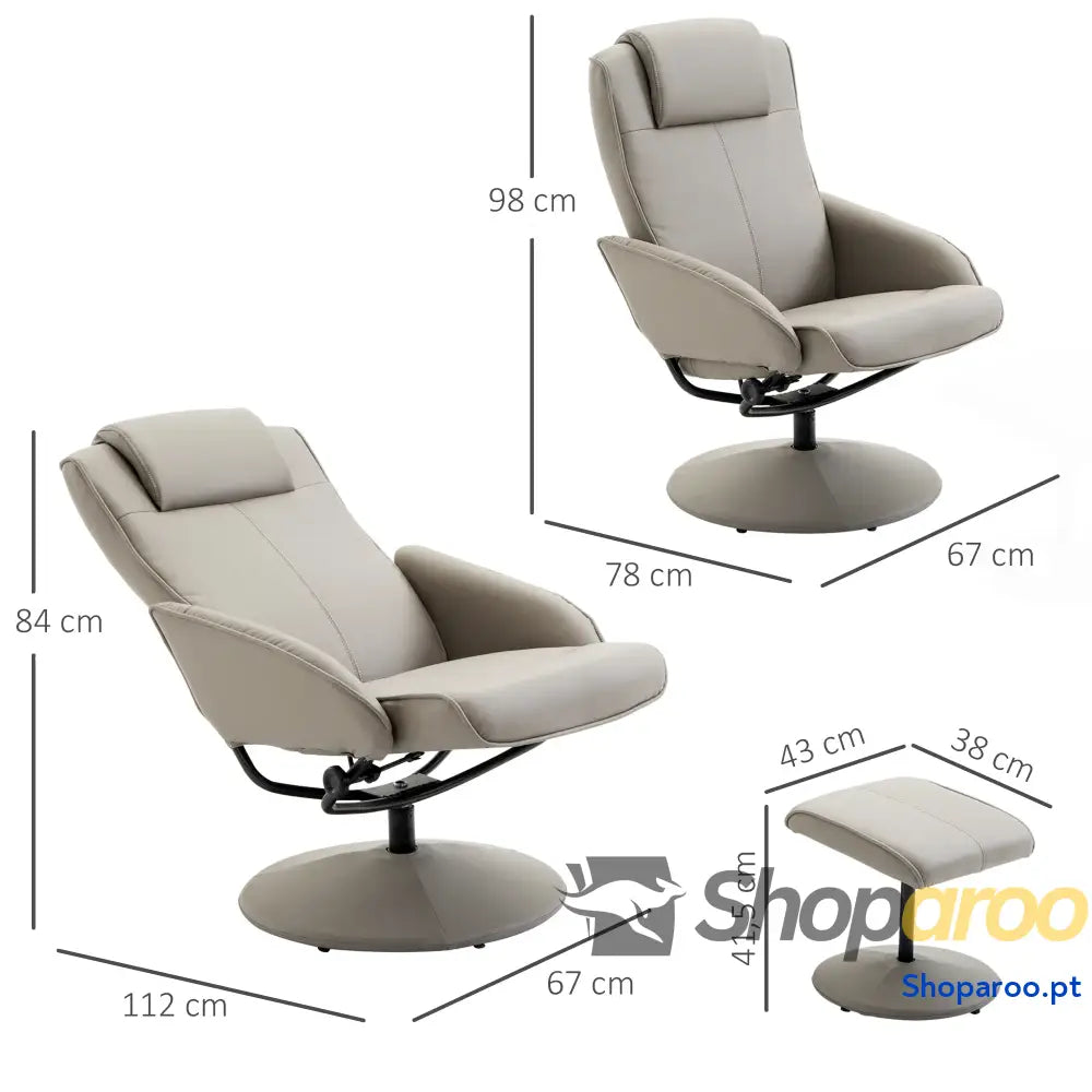 Poltrona Relax Reclinável até 145° com Banco de Apoio para os Pés Giratória 360° Estofada em PU e Estrutura Aço