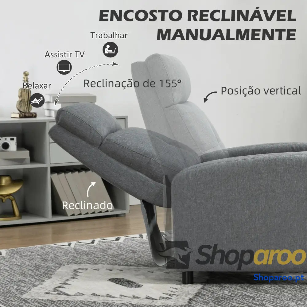 Poltrona Relax Reclinável até 155° Manual Estofado para Pessoas com Altura Inferior 195 cm 67x87x98 Cinza