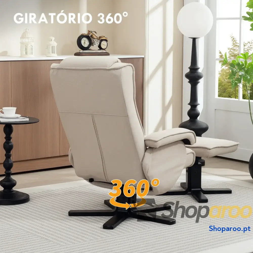 Poltrona Relax Reclinável com Apoio para os Pés Giratória Estofada em Linho e Função Baloiço 67x87x96 cm Bege