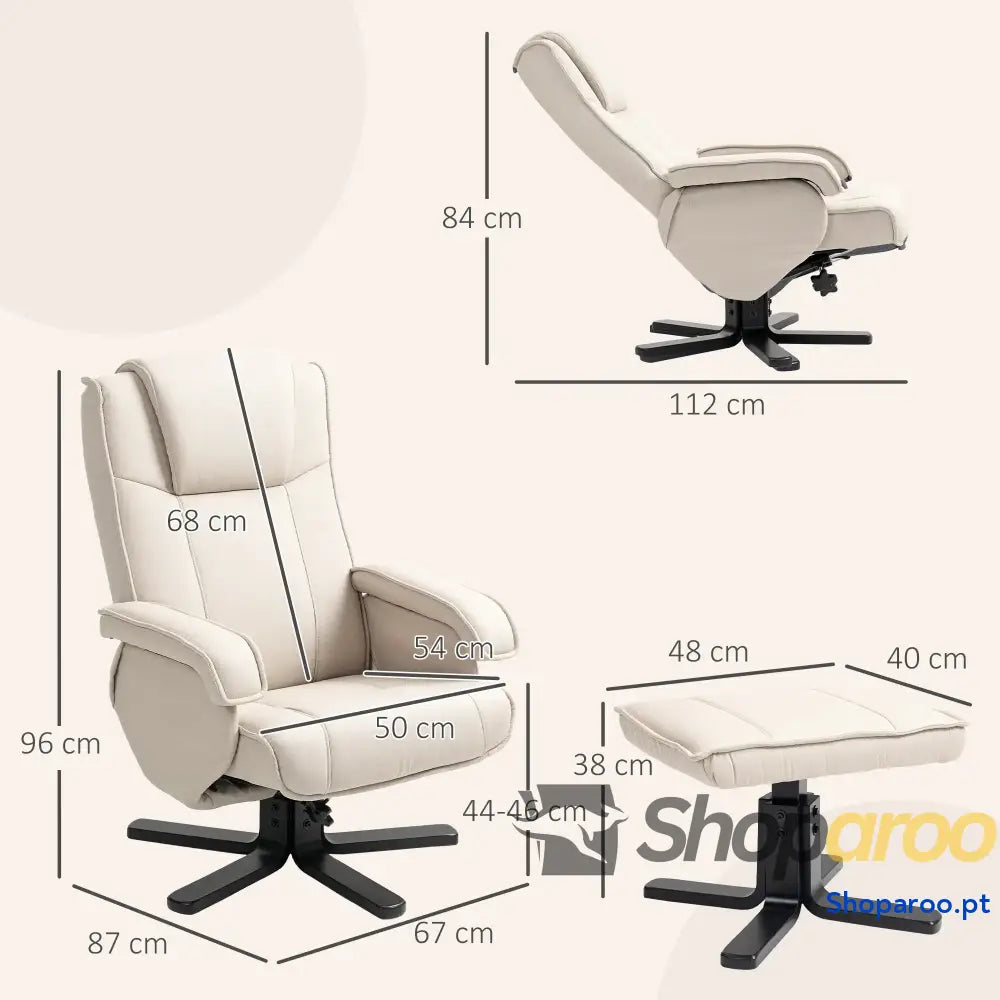 Poltrona Relax Reclinável com Apoio para os Pés Giratória Estofada em Linho e Função Baloiço 67x87x96 cm Bege