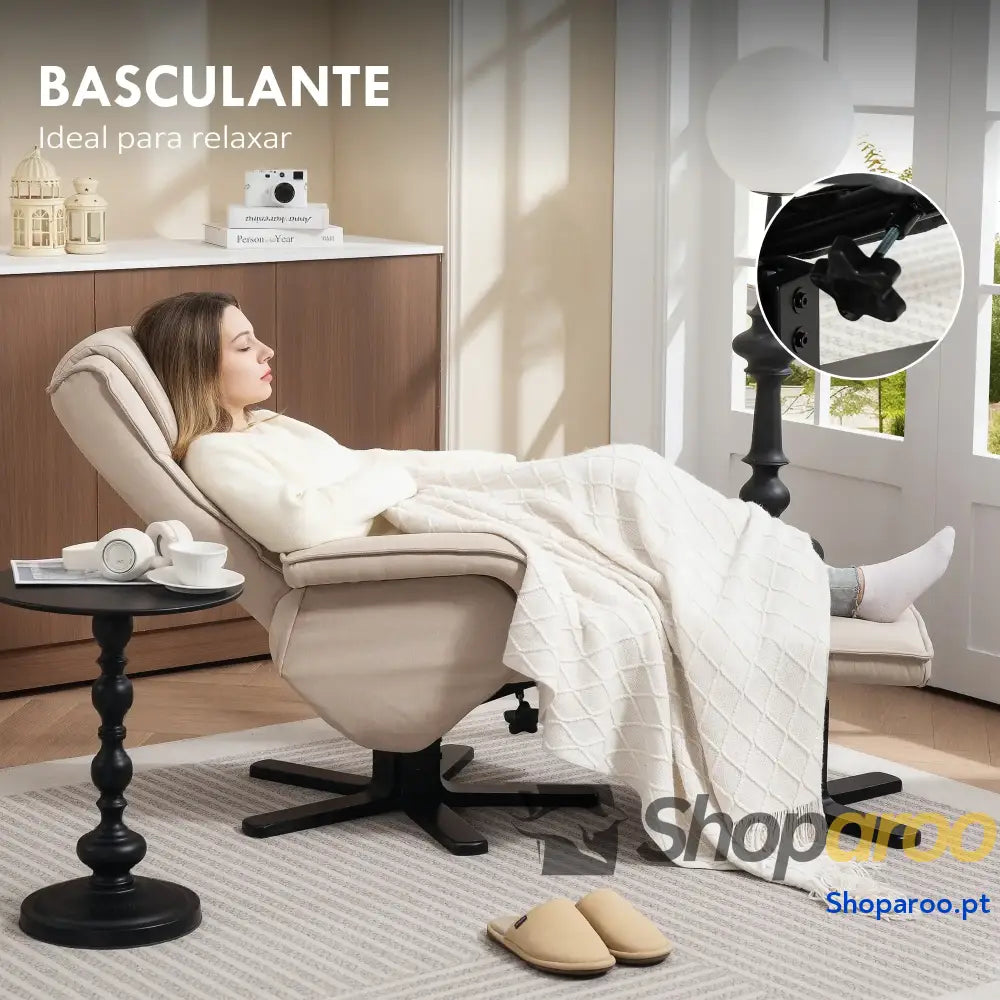 Poltrona Relax Reclinável com Apoio para os Pés Giratória Estofada em Linho e Função Baloiço 67x87x96 cm Bege