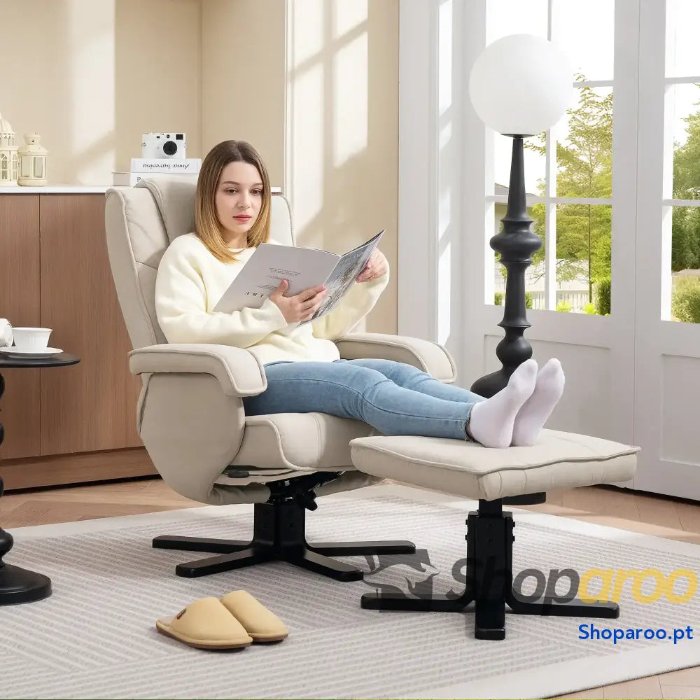 Poltrona Relax Reclinável com Apoio para os Pés Giratória Estofada em Linho e Função Baloiço 67x87x96 cm Bege