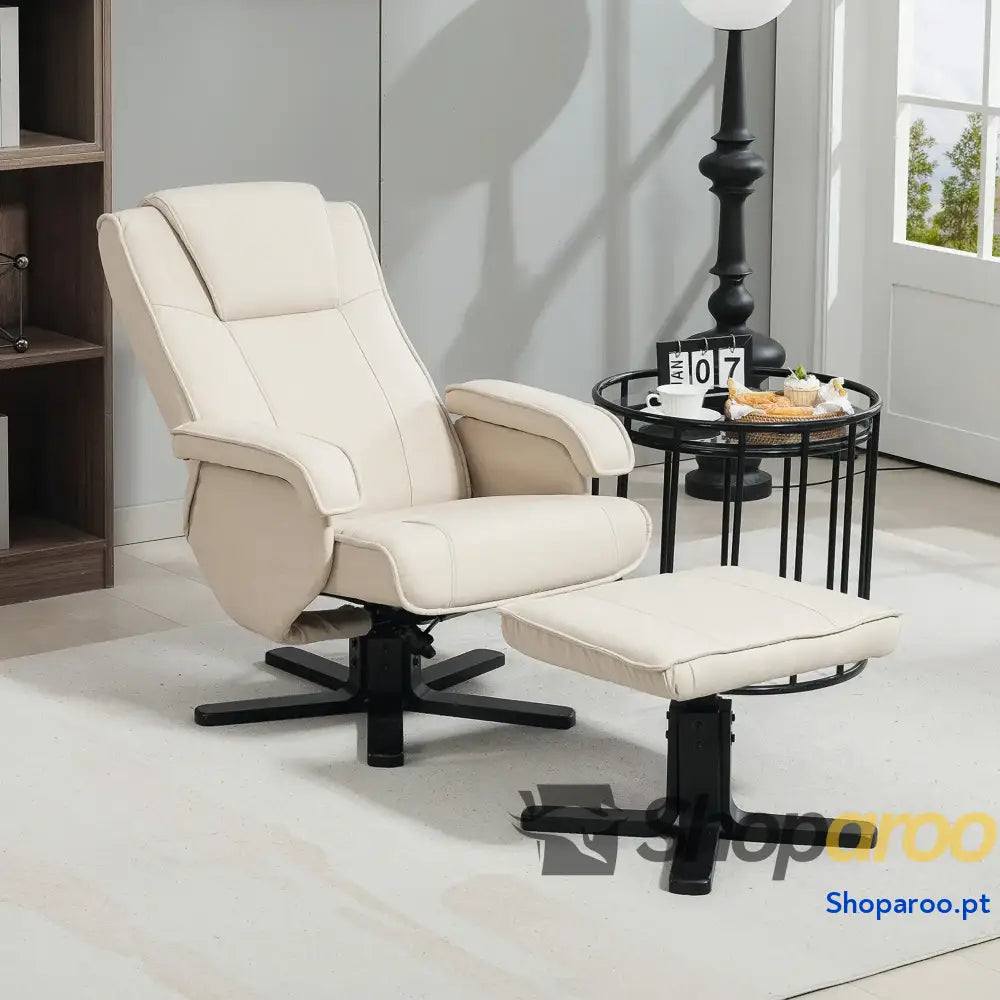 Poltrona Relax Reclinável com Apoio para os Pés Giratória Estofada em Linho e Função Baloiço 67x87x96 cm Bege
