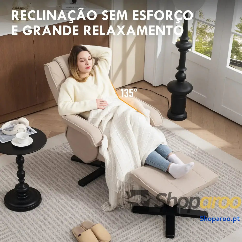 Poltrona Relax Reclinável com Apoio para os Pés Giratória Estofada em Linho e Função Baloiço 67x87x96 cm Bege
