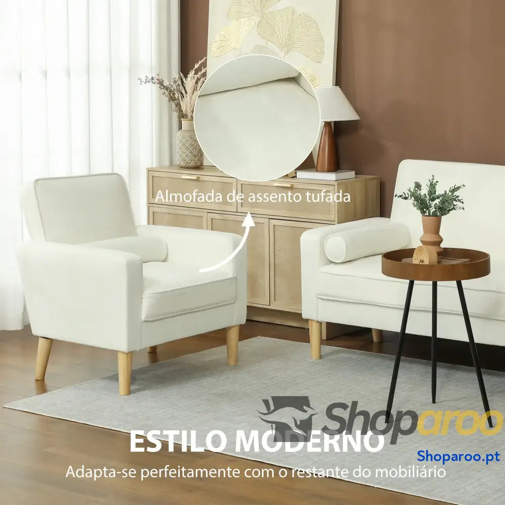Poltrona Sala de Estar Estofada em Veludo Leitura com Assento Botões e Pés Madeira 76x79x82 cm Creme
