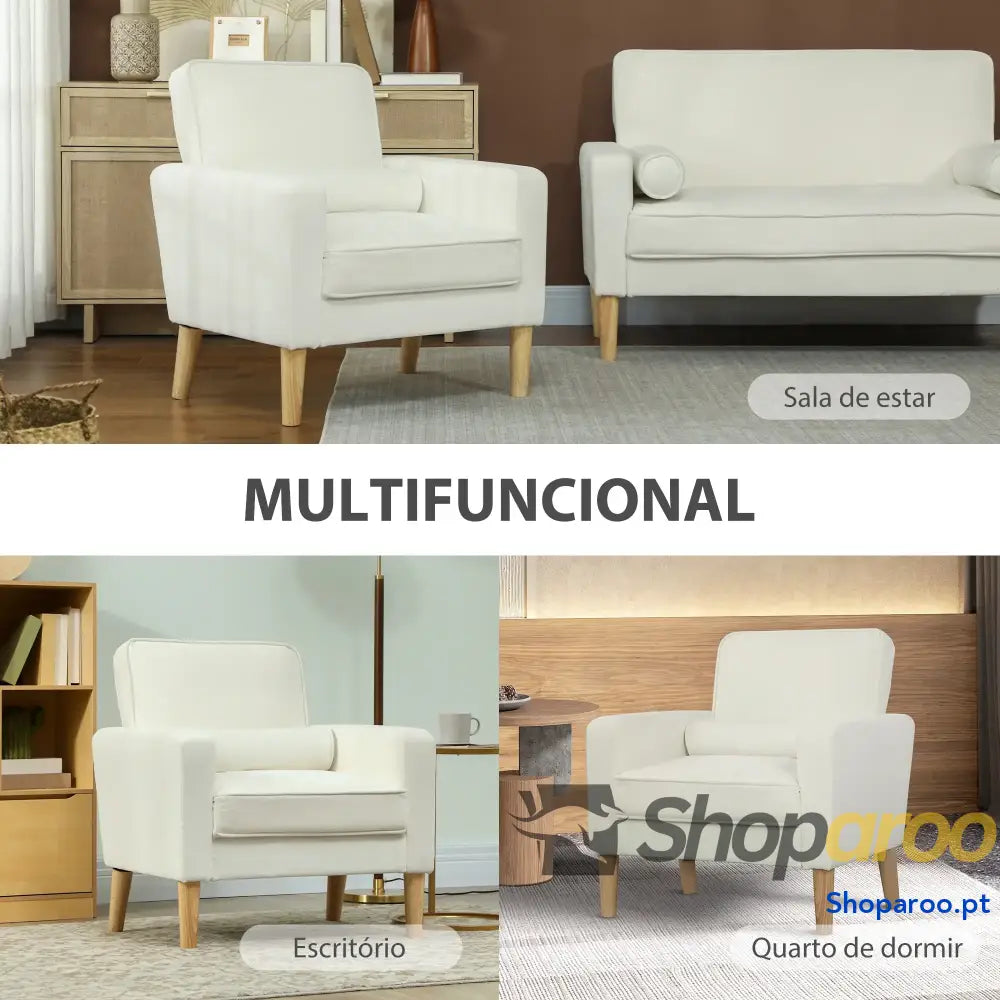 Poltrona Sala de Estar Estofada em Veludo Leitura com Assento Botões e Pés Madeira 76x79x82 cm Creme