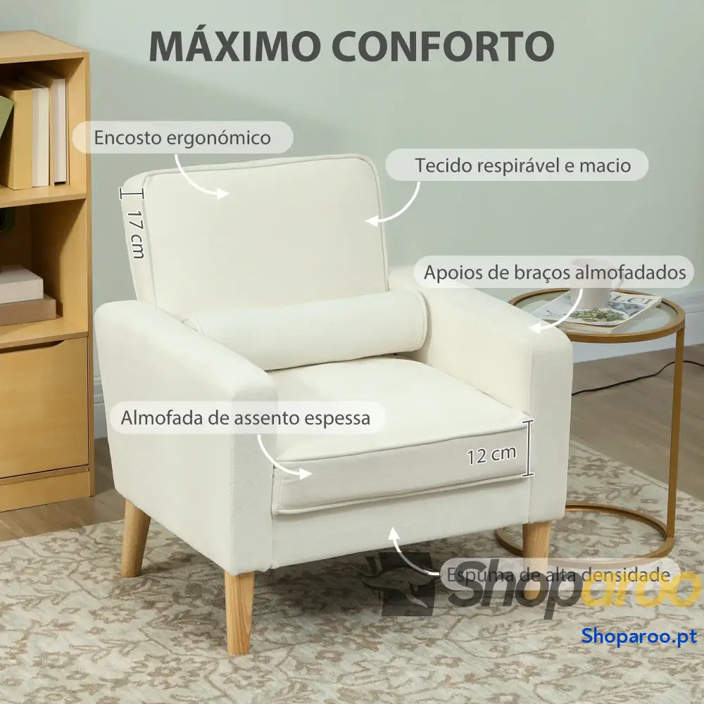 Poltrona Sala de Estar Estofada em Veludo Leitura com Assento Botões e Pés Madeira 76x79x82 cm Creme