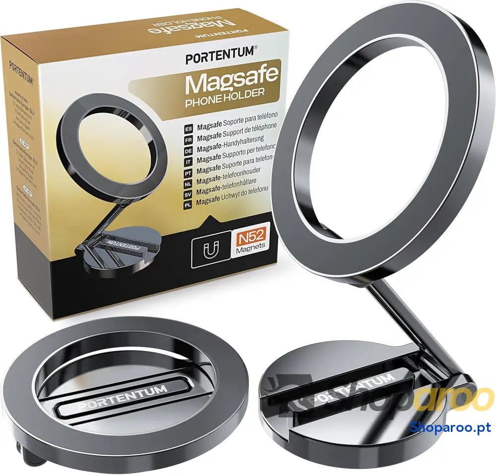 PORTENTUM Suporte móvel para carro Magsafe dobrável com poderoso íman (20 x N52) e rotação de 360 ° – espigão