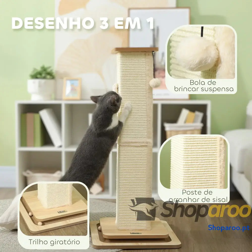 Poste Arranhador para Gatos 87 cm com Bola Suspensa Trilho e de Sisal Bege Madeira