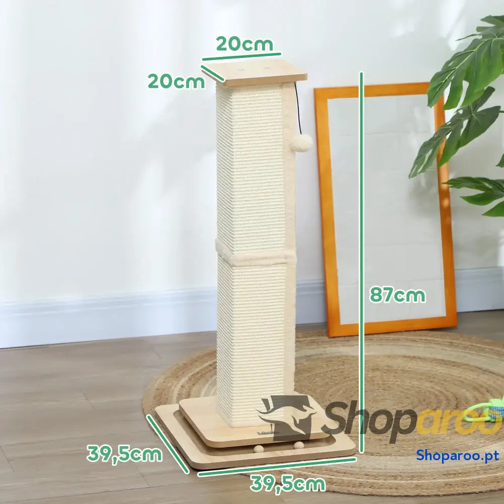 Poste Arranhador para Gatos 87 cm com Bola Suspensa Trilho e de Sisal Bege Madeira