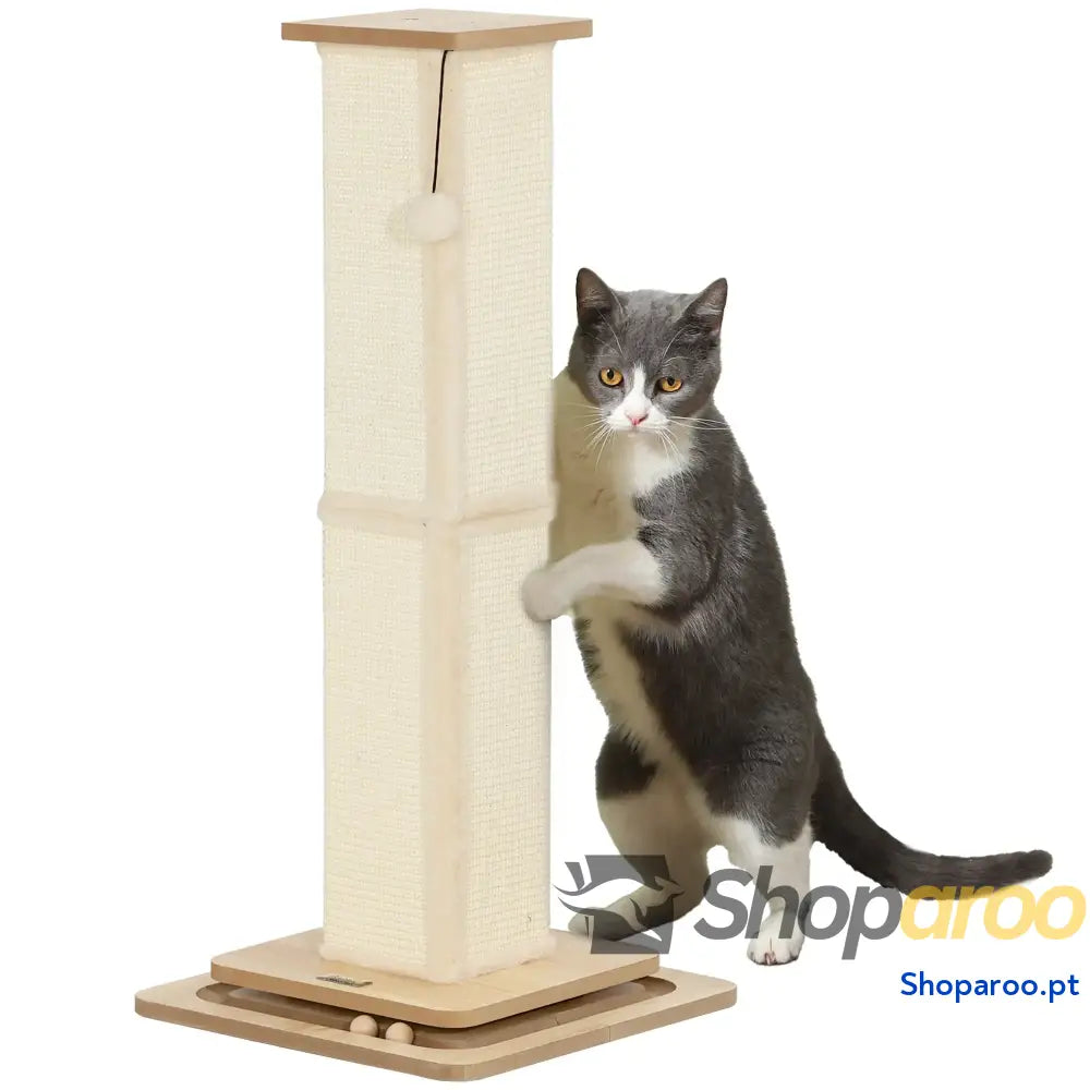 Poste Arranhador para Gatos 87 cm com Bola Suspensa Trilho e de Sisal Bege Madeira