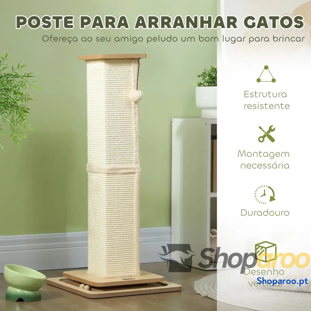 Poste Arranhador para Gatos 87 cm com Bola Suspensa Trilho e de Sisal Bege Madeira