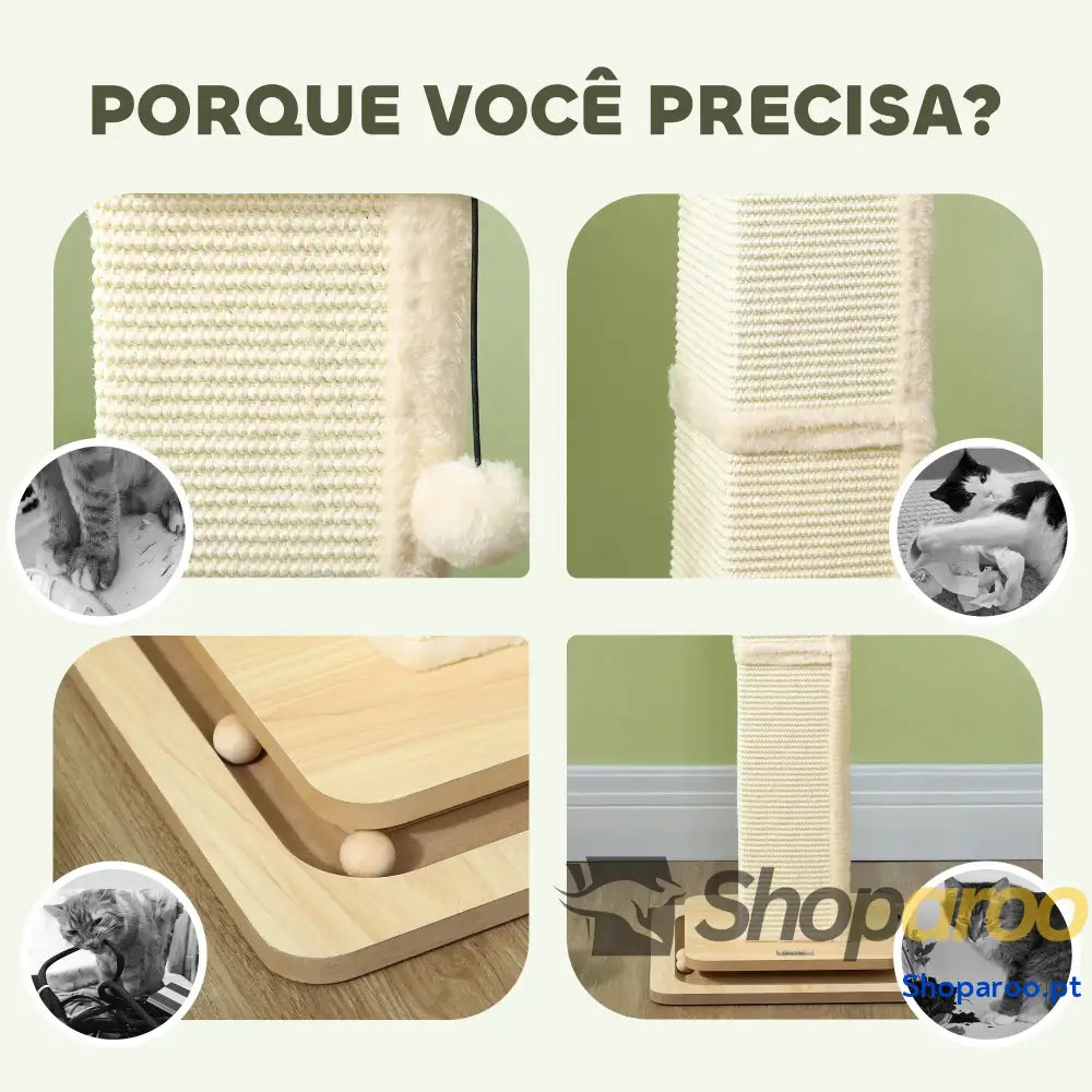 Poste Arranhador para Gatos 87 cm com Bola Suspensa Trilho e de Sisal Bege Madeira