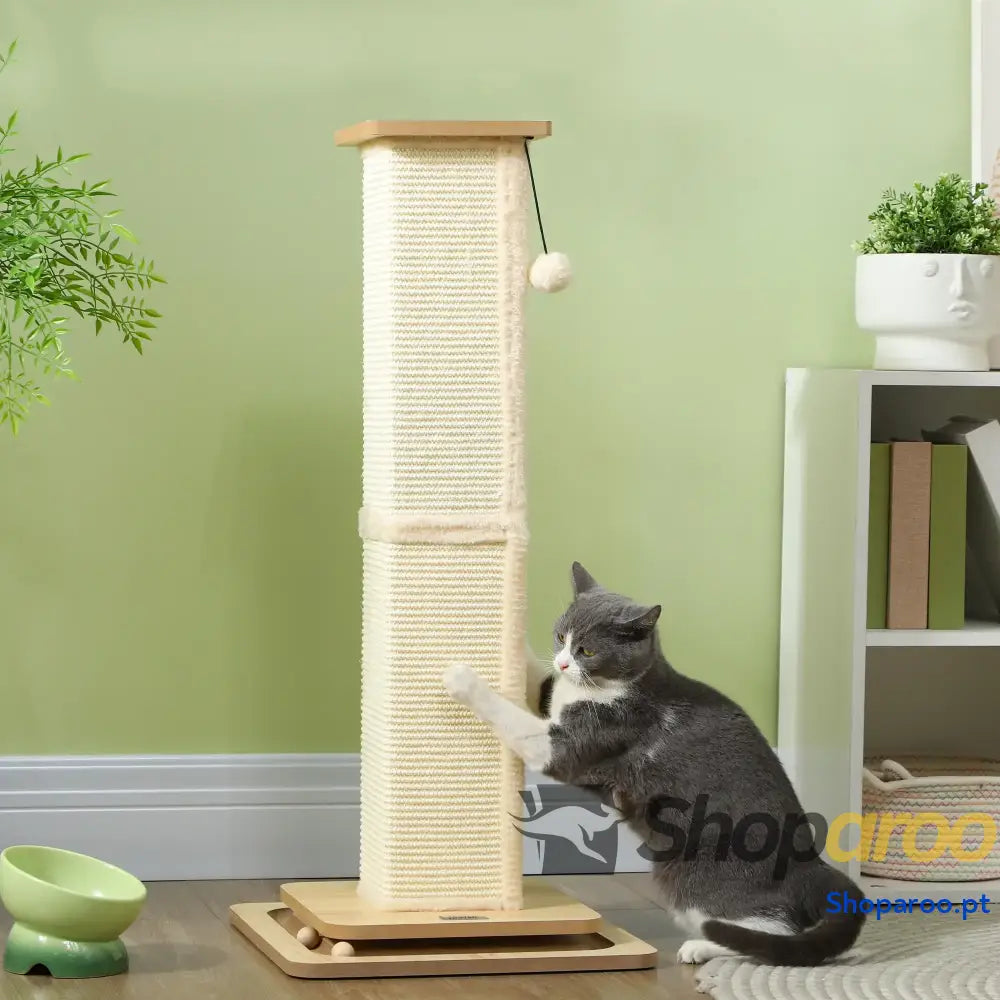 Poste Arranhador para Gatos 87 cm com Bola Suspensa Trilho e de Sisal Bege Madeira
