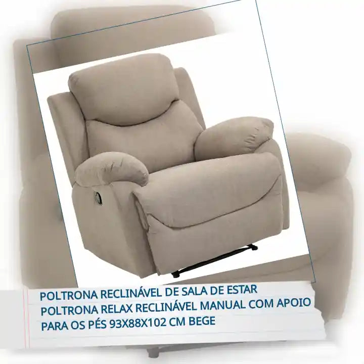 Poltrona Reclin&aacute;vel De Sala de Estar Poltrona Relax Reclin&aacute;vel Manual com Apoio para os P&eacute;s 93x88x102 cm Bege by@Outfy