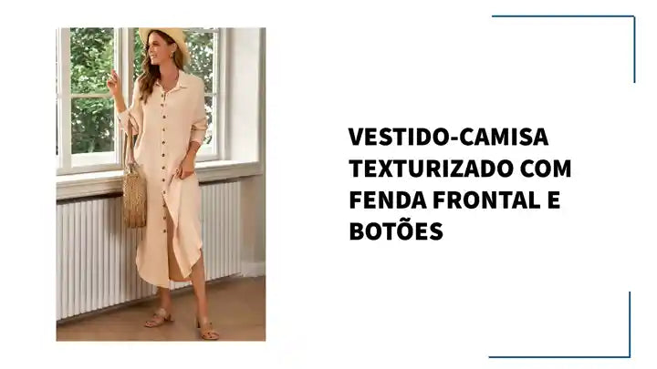 Vestido-camisa texturizado com fenda frontal e bot&otilde;es by@Outfy