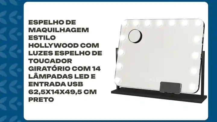 Espelho de Maquilhagem Estilo Hollywood com Luzes Espelho de Toucador Girat&oacute;rio com 14 L&acirc;mpadas LED e Entrada USB 62,5x14x49,5 cm Preto by@Outfy