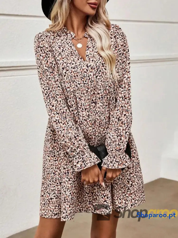Printed Notched Flounce Sleeve Dress