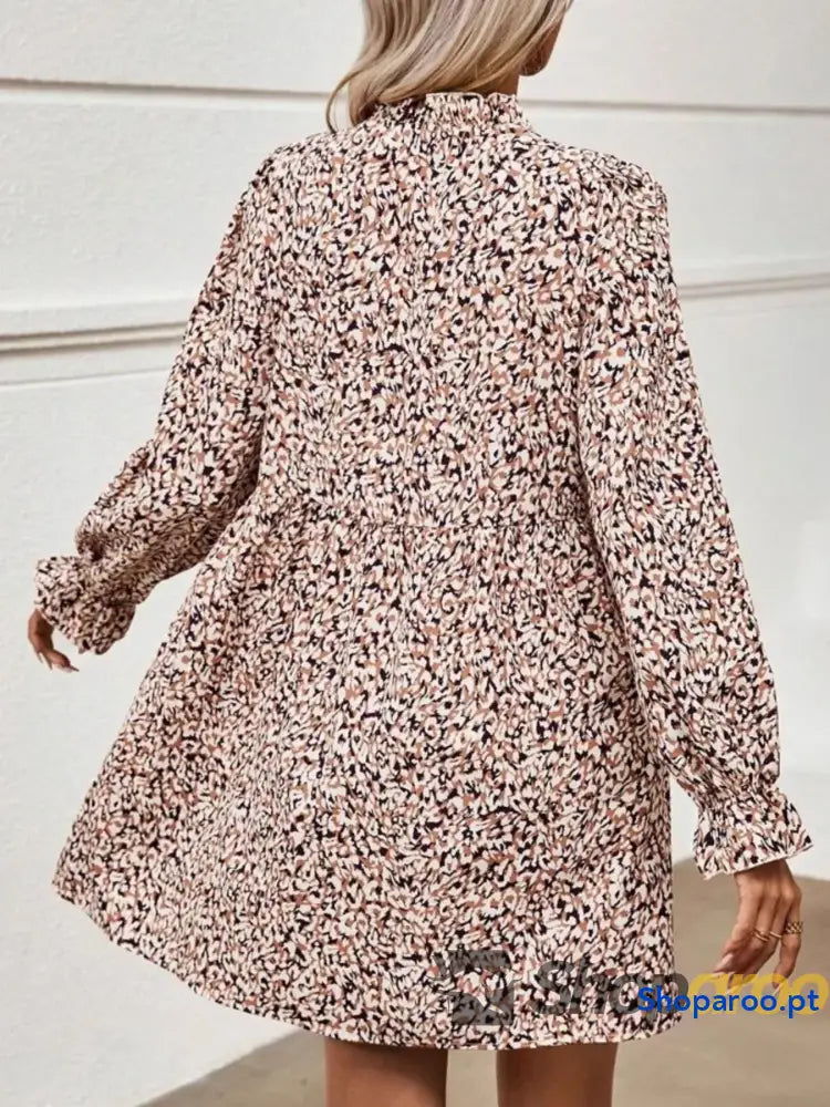 Printed Notched Flounce Sleeve Dress
