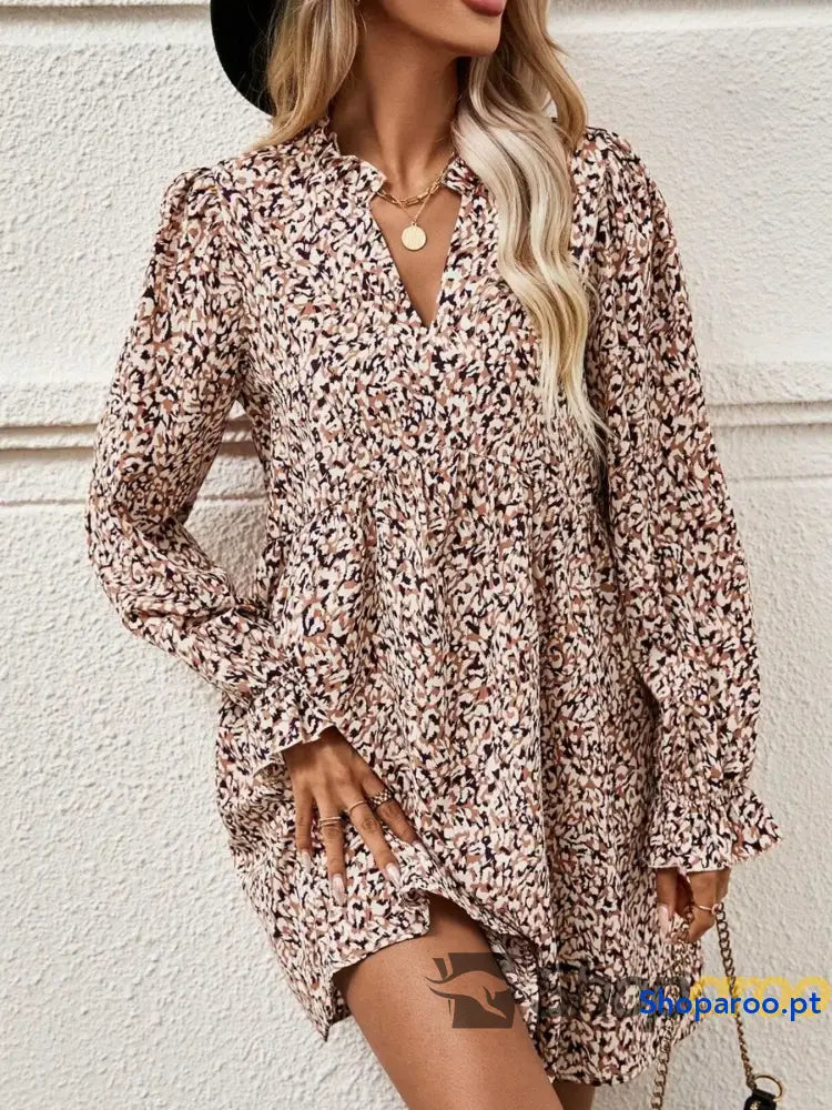 Printed Notched Flounce Sleeve Dress
