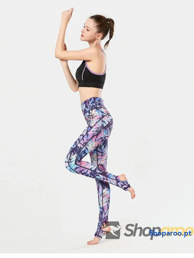 Printed Wide Waistband Active Leggings with Stirrups