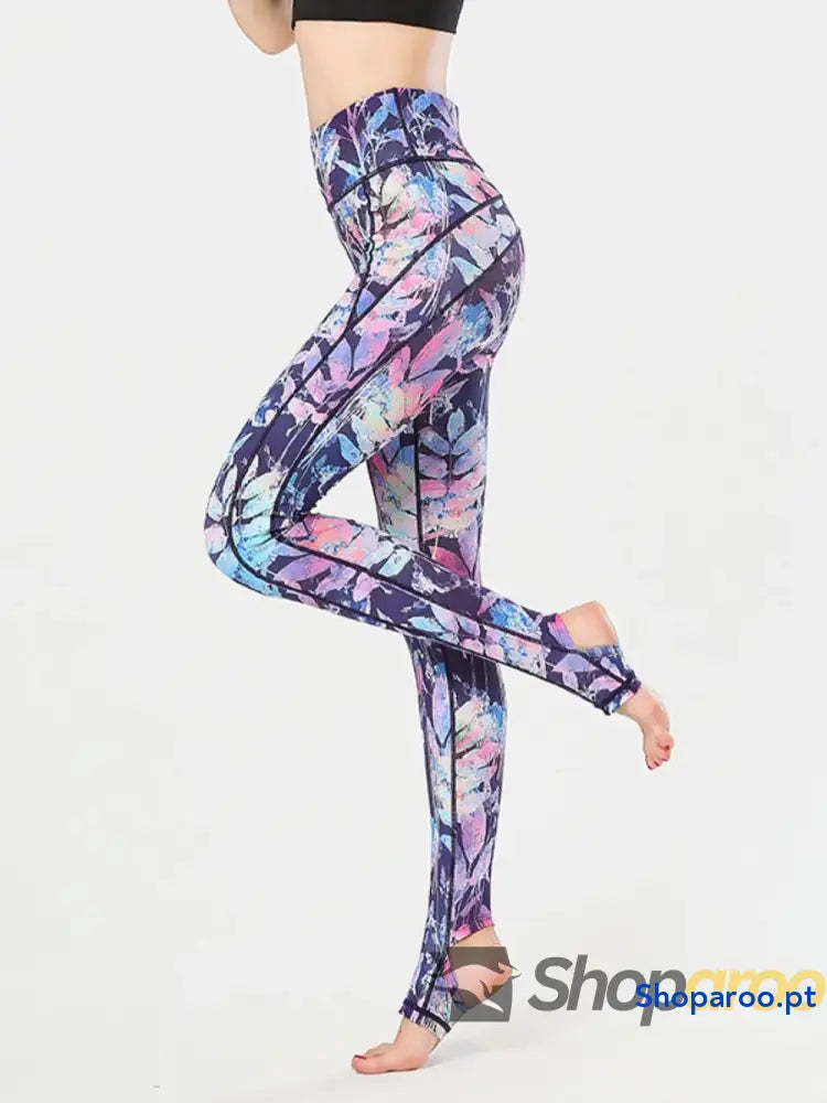 Printed Wide Waistband Active Leggings with Stirrups