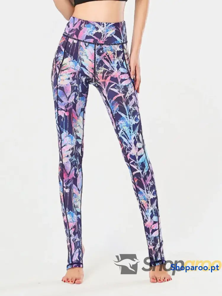 Printed Wide Waistband Active Leggings with Stirrups