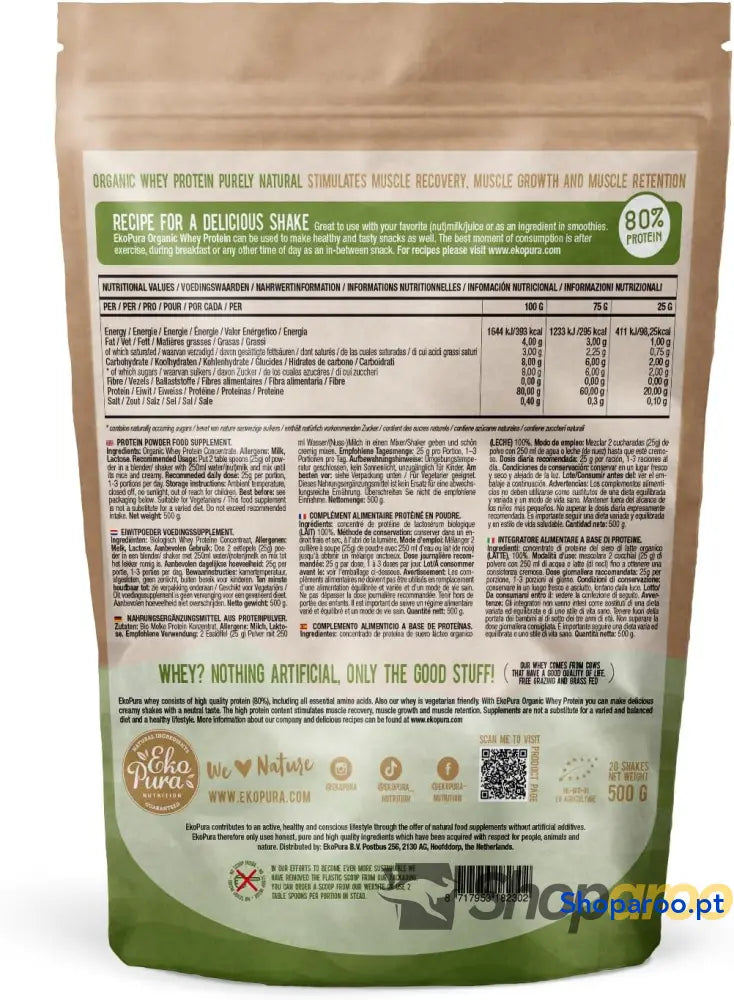Proteína de soro leite orgânica Puramente natural 80% proteína Sem aditivos OGM soja 500 g