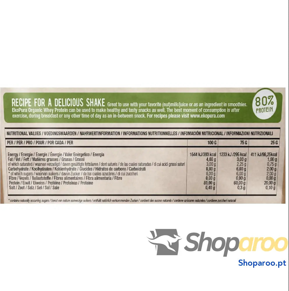 Proteína de soro leite orgânica Puramente natural 80% proteína Sem aditivos OGM soja 500 g