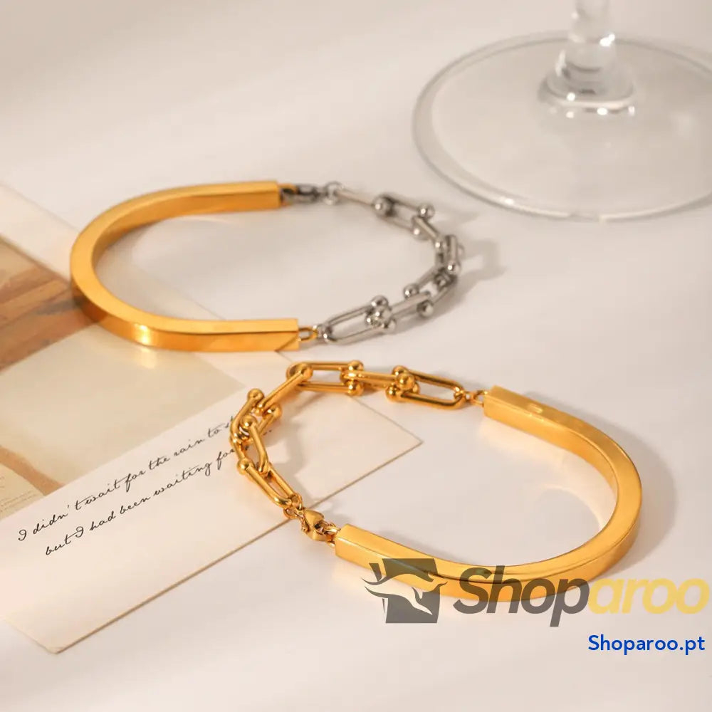 Pulseira com fivela em forma de U e corrente ferradura ouro 18K