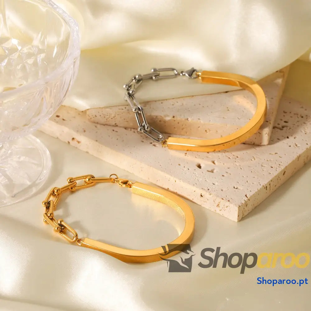 Pulseira com fivela em forma de U e corrente ferradura ouro 18K