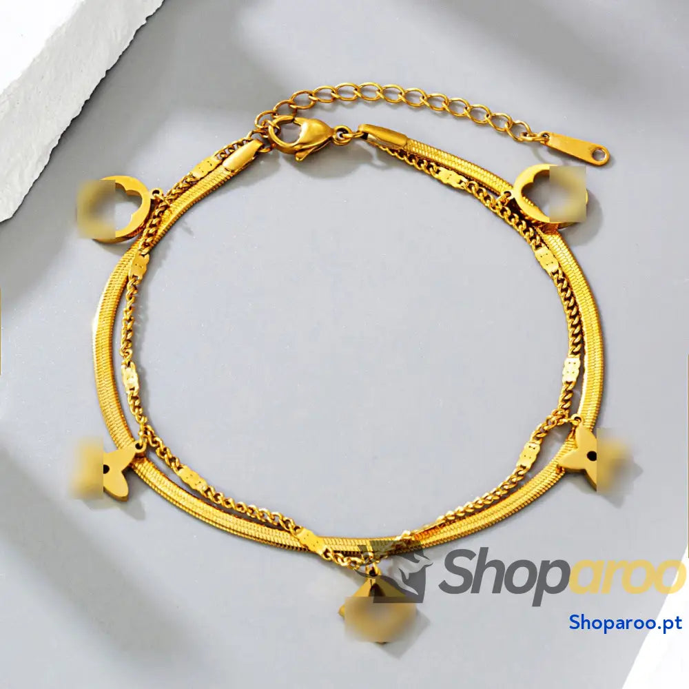 Pulseira de Tornozelo com Pendente Trevo Quatro Folhas em Ouro 18k