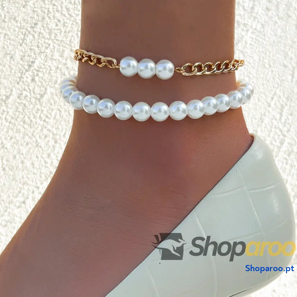 Pulseira de Tornozelo duas peças com pérolas e correntes