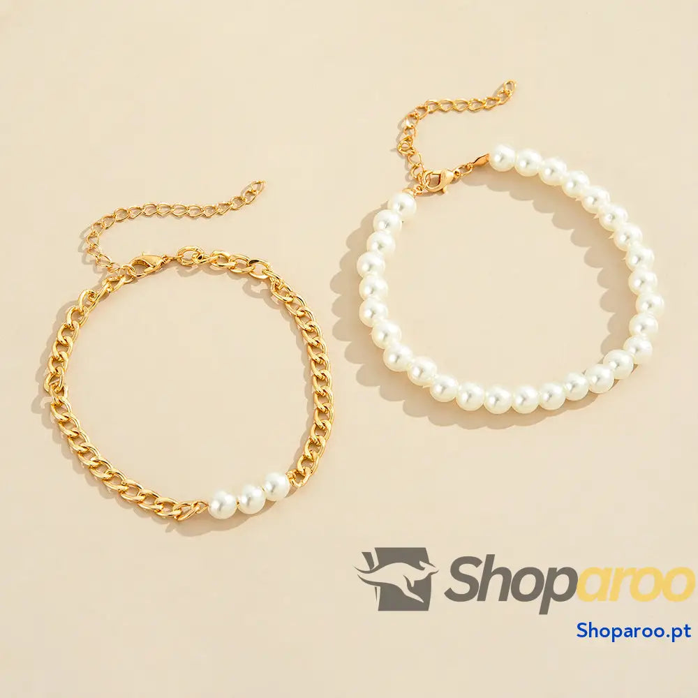 Pulseira de Tornozelo duas peças com pérolas e correntes