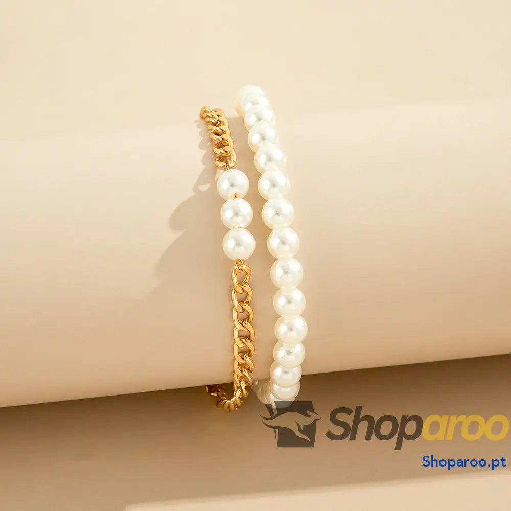 Pulseira de Tornozelo duas peças com pérolas e correntes