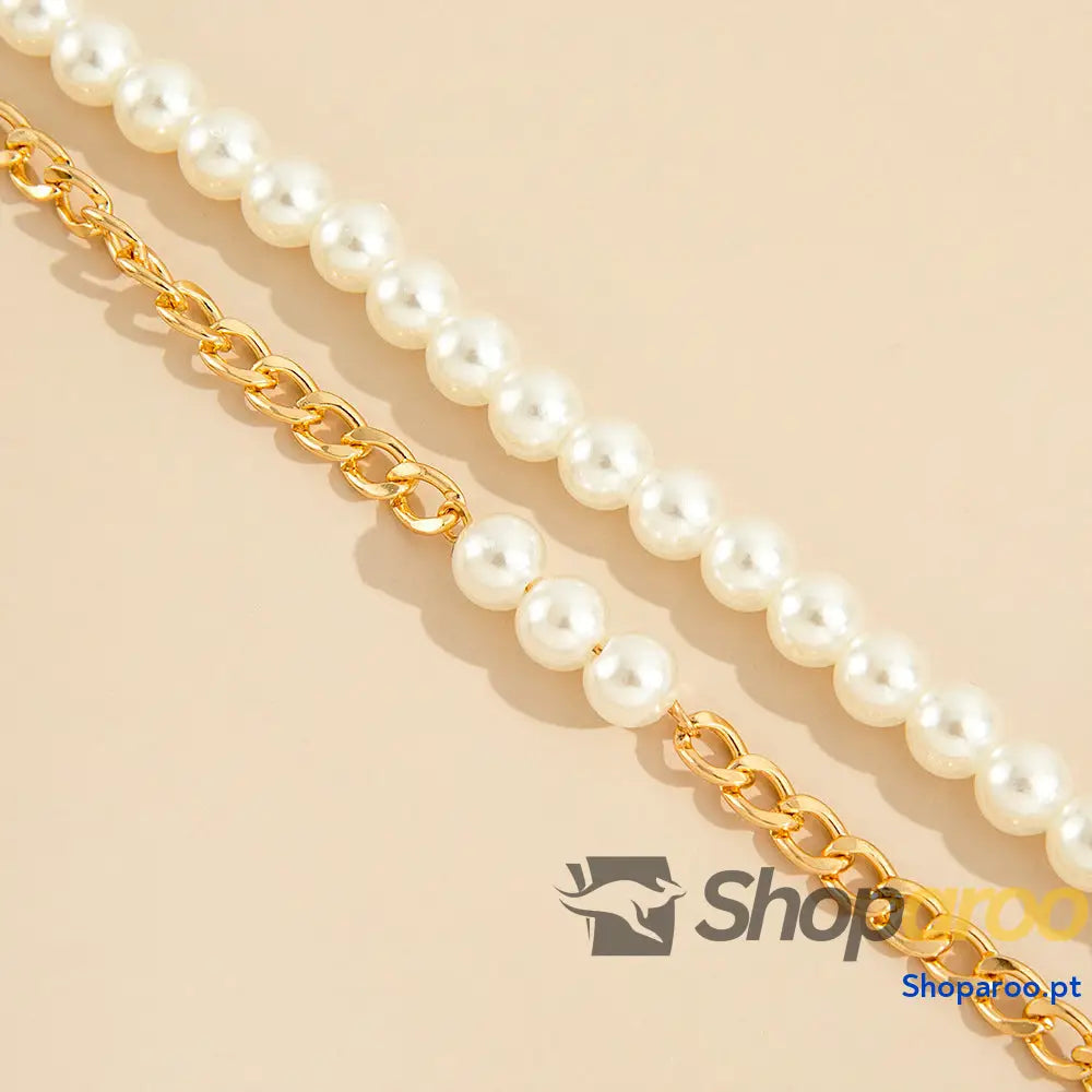 Pulseira de Tornozelo duas peças com pérolas e correntes