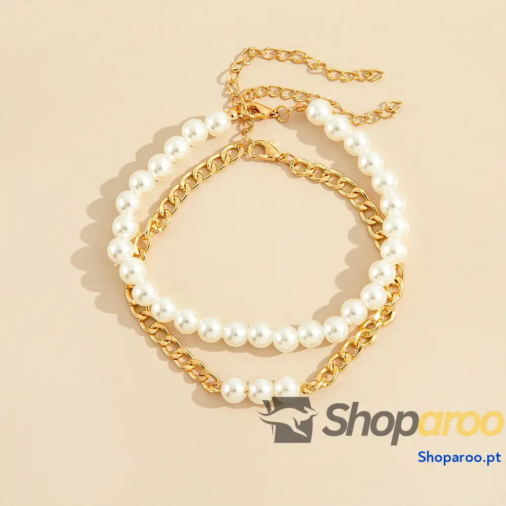 Pulseira de Tornozelo duas peças com pérolas e correntes