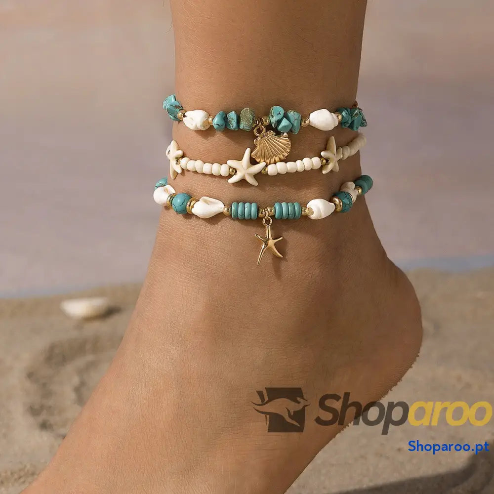 Pulseira de TornozeloTurquesa e Concha para Verão
