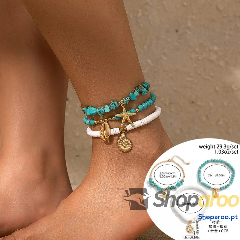 Pulseira de TornozeloTurquesa e Concha para Verão
