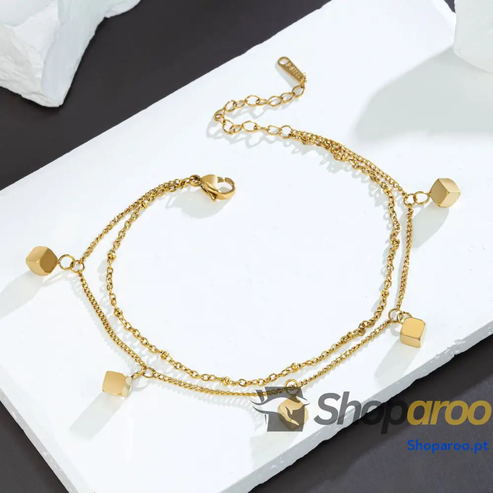 Pulseira Tornozeleira Quadrada Dupla Banhada a Ouro 18K