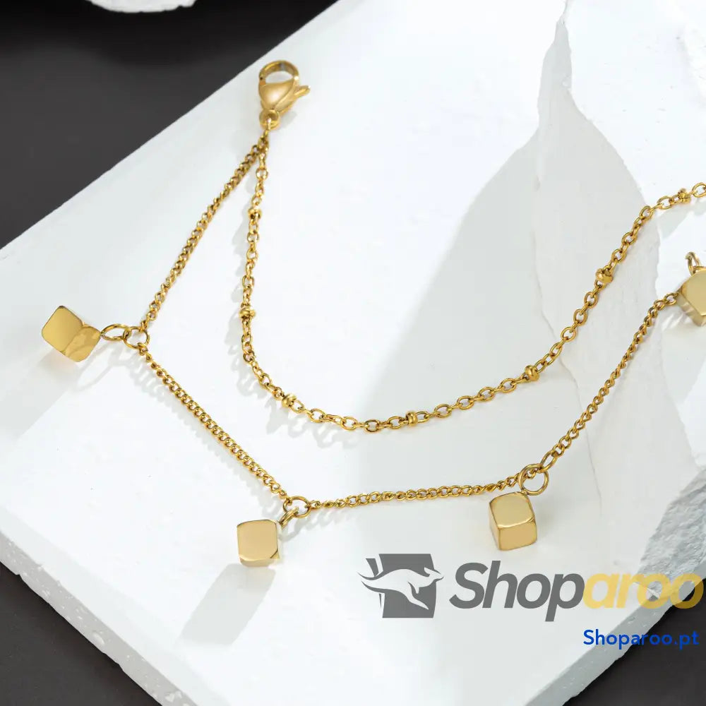 Pulseira Tornozeleira Quadrada Dupla Banhada a Ouro 18K