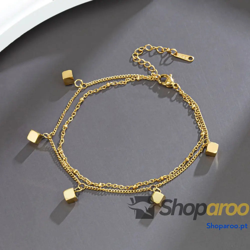 Pulseira Tornozeleira Quadrada Dupla Banhada a Ouro 18K