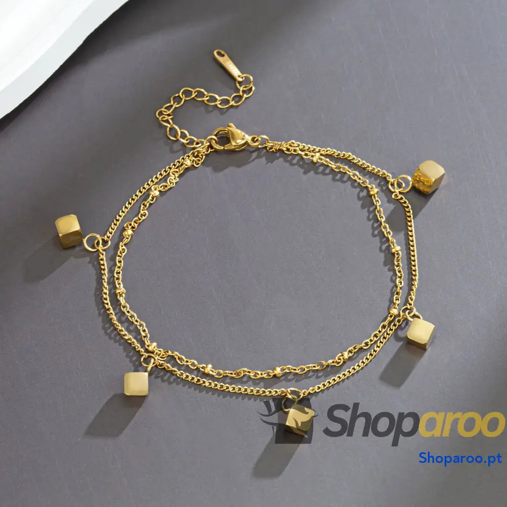 Pulseira Tornozeleira Quadrada Dupla Banhada a Ouro 18K