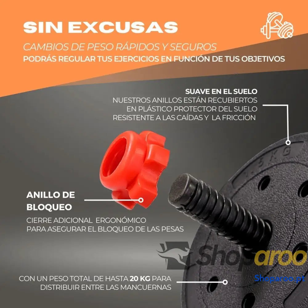Punhos ajustáveis 2 em 1 ExtenFit peso de a 20 kg inclui halteres e barra extensão acolchoada porcas antiderrapantes