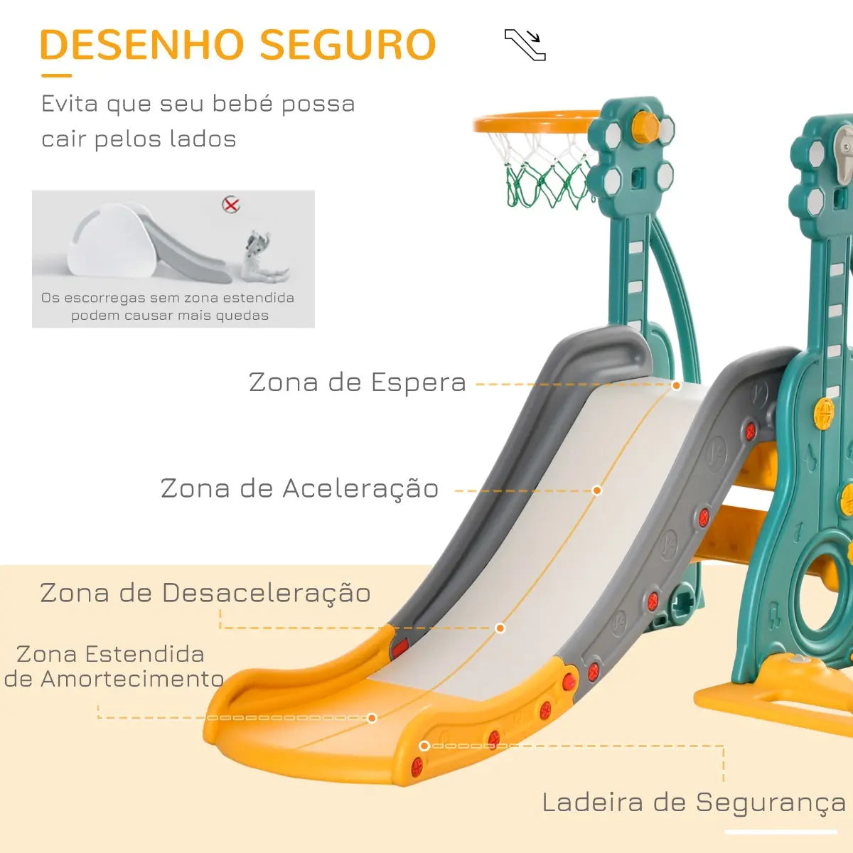 Escorrega Infantil com Baloiço e Cesta de Basquetebol 3 em 1 Multicor
