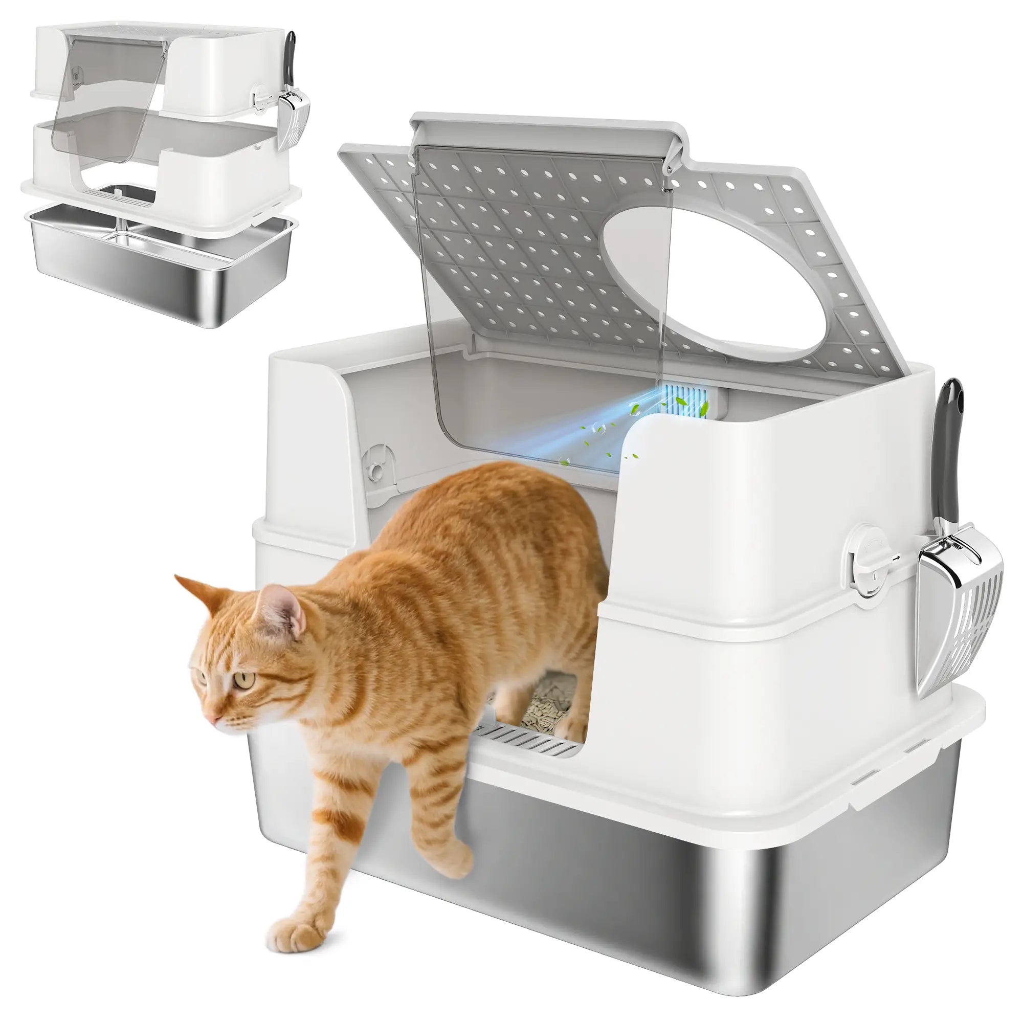 Caixa de Areia para Gatos de Aço Inoxidável XL com Tampa Abatível Entradas Altas Pá Antifugas 60,2x40,2x44,5 cm Cinza Claro