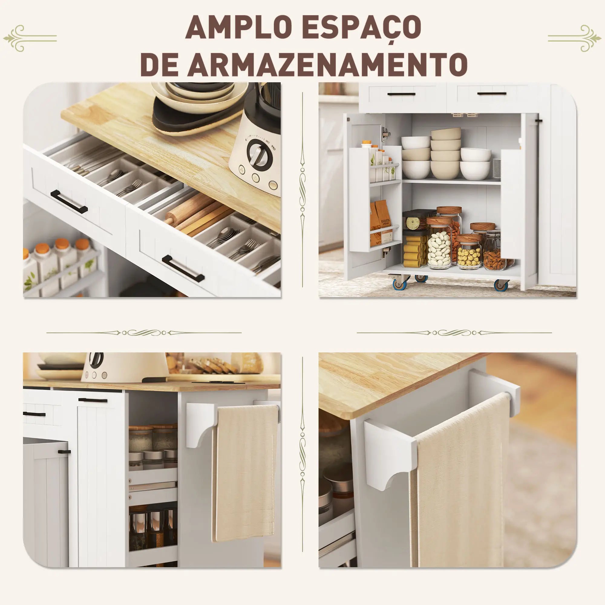 Ilha de Cozinha com Rodas Carrinho de Cozinha com Tomada USB Bancada Rebatível 2 Gavetas 119,5x74x94,5 cm Branco