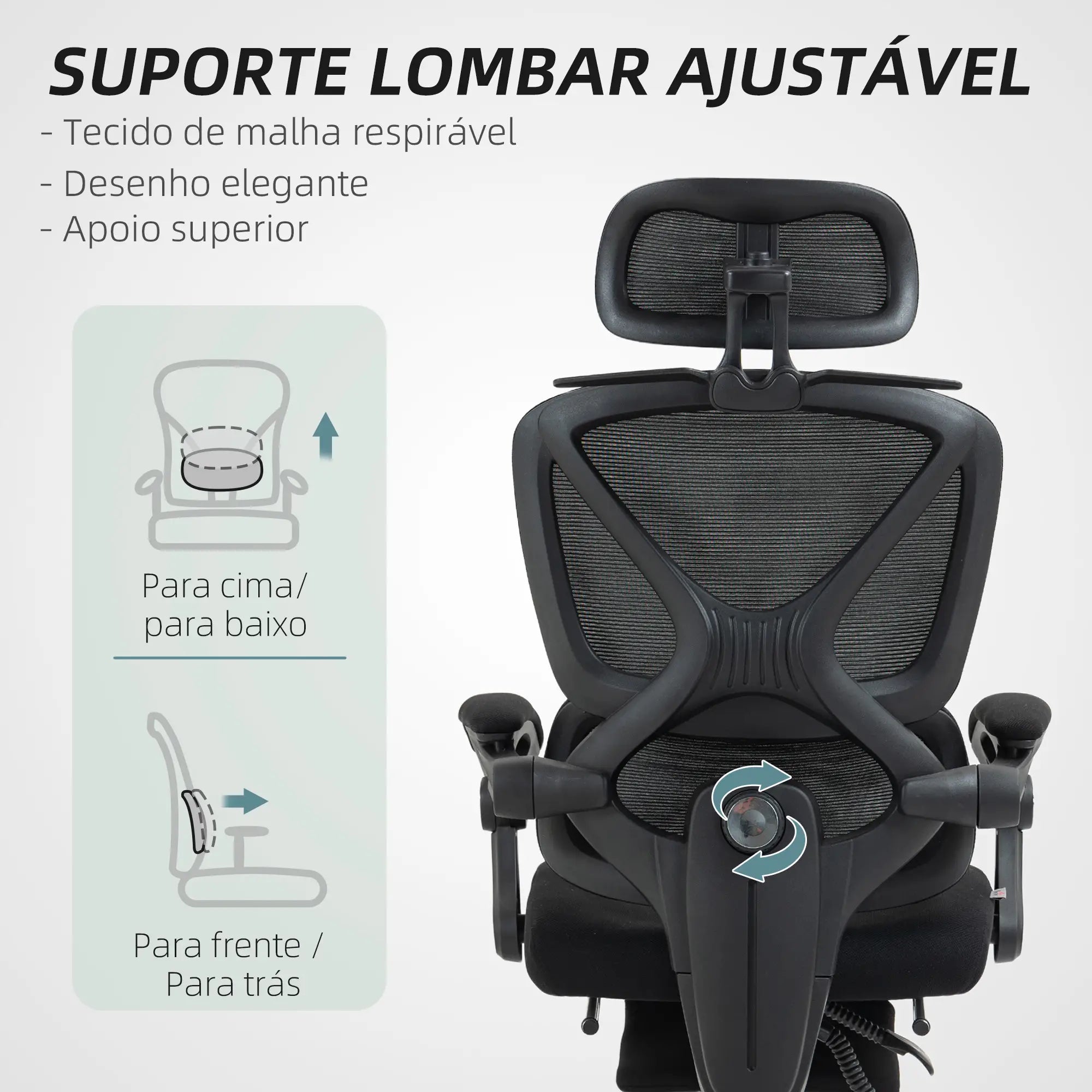 Cadeira de Escritório de Malha com Apoio para a Cabeça Suporte Lombar Apoio para os Pés Função de Inclinação 71x70x109-119 cm Preto